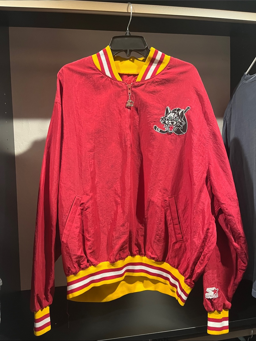 STARTER Red Bomber Jacket with Yellow Trim and Embroidered Cat Patch